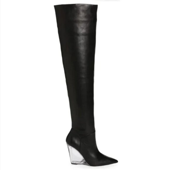 Stuart Weitzman Black Leather Lucite Wedge Over the Knee Boots - Picture 1 of 15